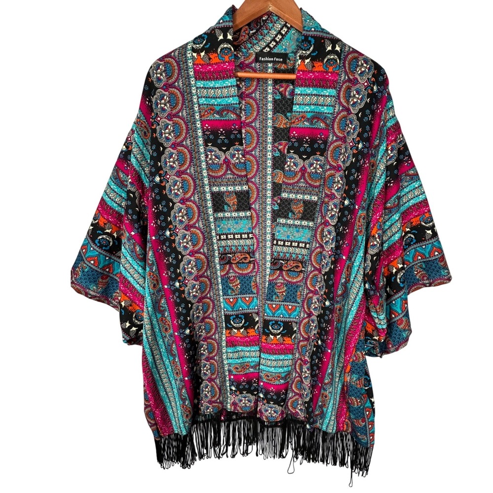 Fashion Fuse Brightly Patterned Kimono‎ Black Looped Fringe Women's One Size
